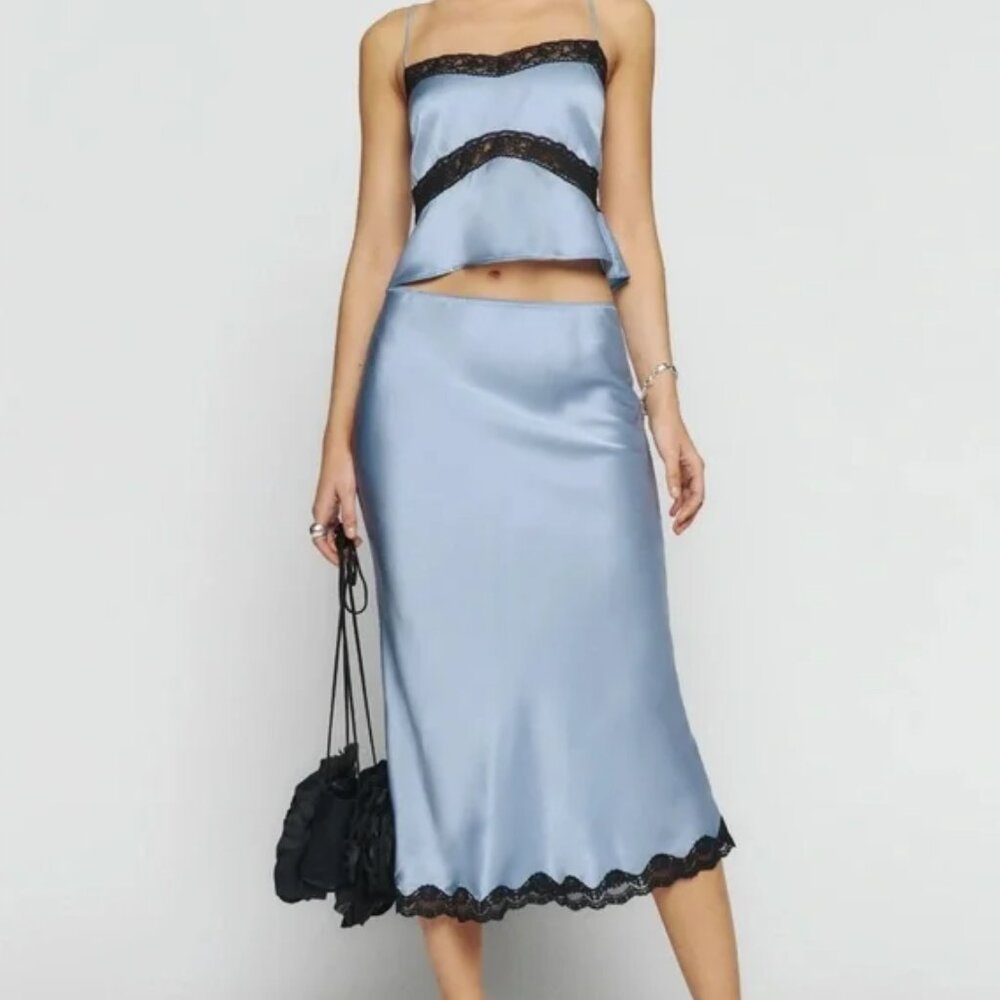 NWT Reformation Arie Silk Skirt in Horizon sz 8